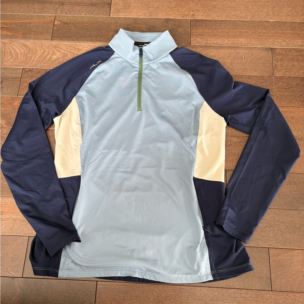 RLX Womens Ralph Lauren Light Blue, Navy and Cream top with 1/4 Zip - size M